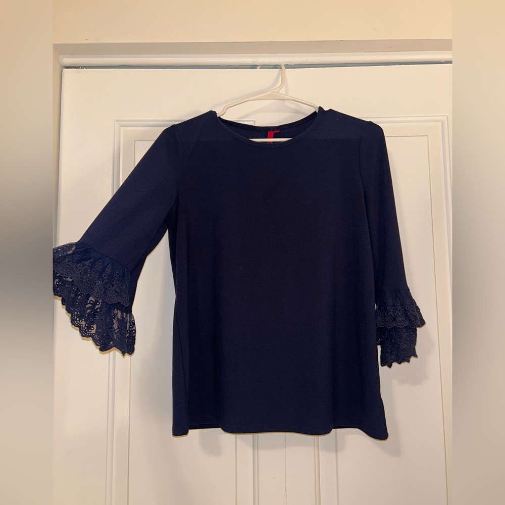 Navy blue long sleeve blouse with lace trim